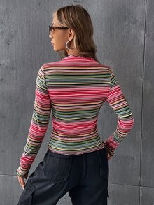 SHEIN EZwear Camiseta de rayas combinadas de cuello alto - Multicolor - Ver 2