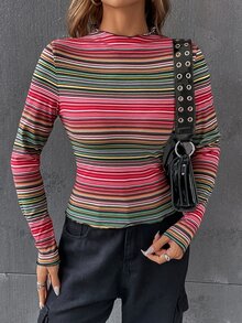SHEIN EZwear Camiseta de rayas combinadas de cuello alto - Multicolor - Ver 3