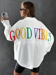 SHEIN EZwear 字母圖案落肩袖襯衫