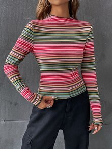 SHEIN EZwear Camiseta de rayas combinadas de cuello alto - Multicolor - Ver 4