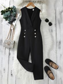 SHEIN 女孩青果領雙排釦無袖連身褲 - 黑色 - 查看 1