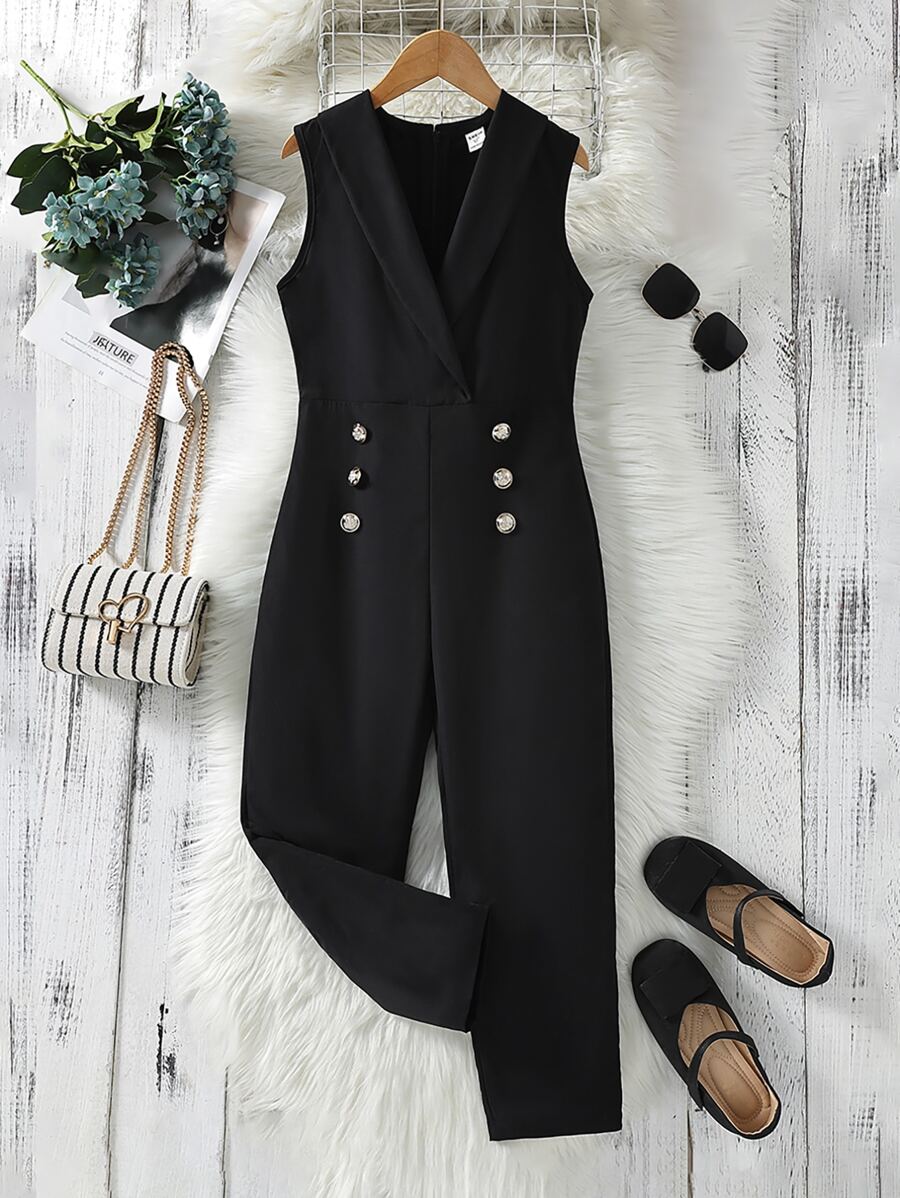 SHEIN 女孩青果領雙排釦無袖連身褲 - 黑色 - 查看 1