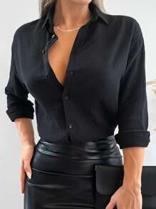 EURMUSE 100%Cotton 100% Cotton Drop Shoulder Solid Longline Shirt Summer Tops Vacation Clothes - Black - View 3