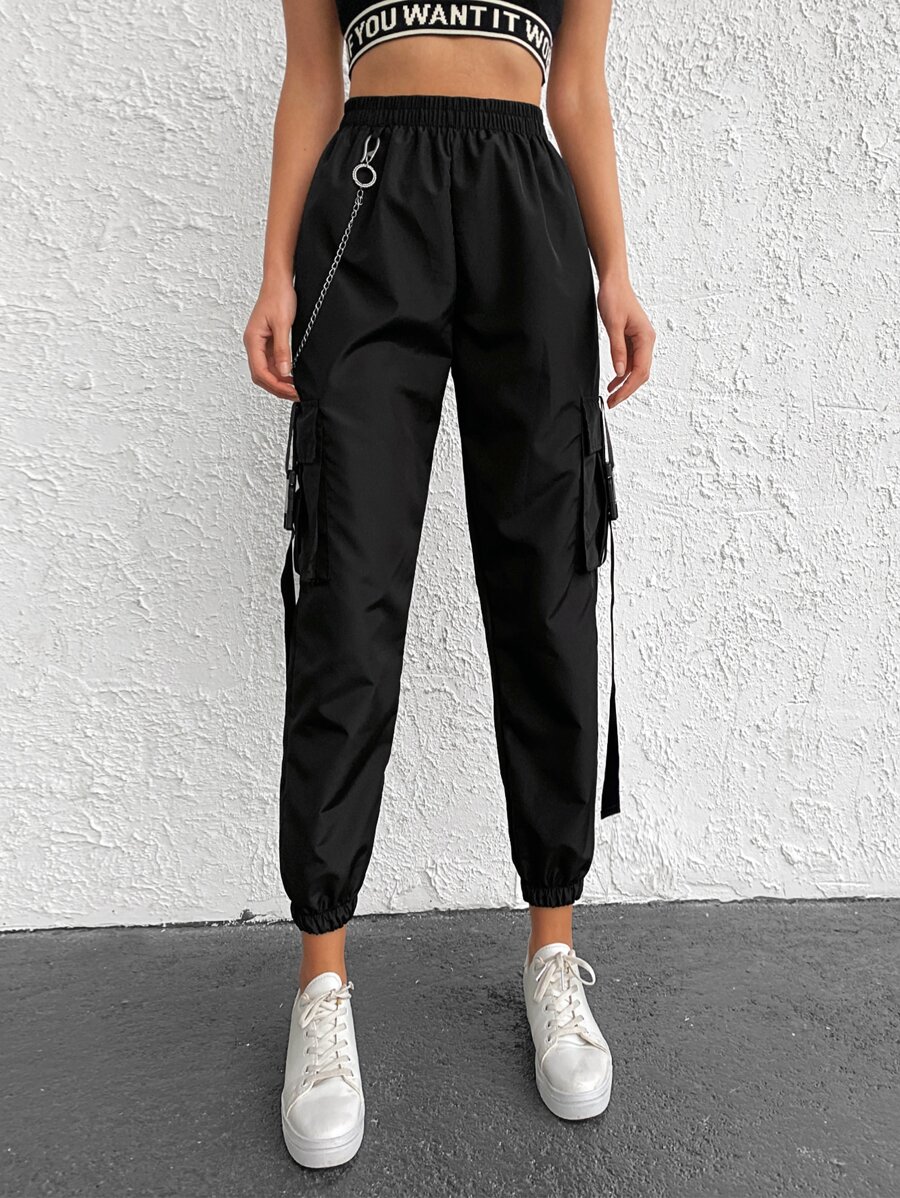 Chain Detail Flap Pocket Buckle Tape Cargo Pants - màu đen - Xem 1