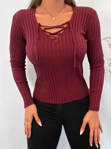 EURMUSE Crisscross Front Rib Knit Jumper - Burgundy - View 4