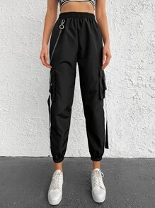 Chain Detail Flap Pocket Buckle Tape Cargo Pants - màu đen - Xem 3