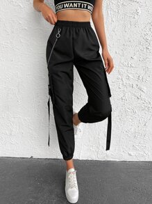 Chain Detail Flap Pocket Buckle Tape Cargo Pants - màu đen - Xem 5
