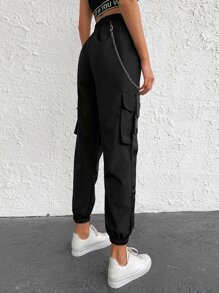 Chain Detail Flap Pocket Buckle Tape Cargo Pants - màu đen - Xem 6