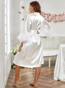 Open Front Fuzzy Panel Belted Satin Robe - White - View 2