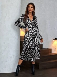 SHEIN Privé Allover Print Wrap Knot Side Dress - Multicolor - View 7