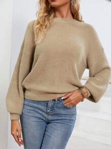 Simplee Jersey unicolor de hombros caídos de manga obispo - Caqui - Ver 1