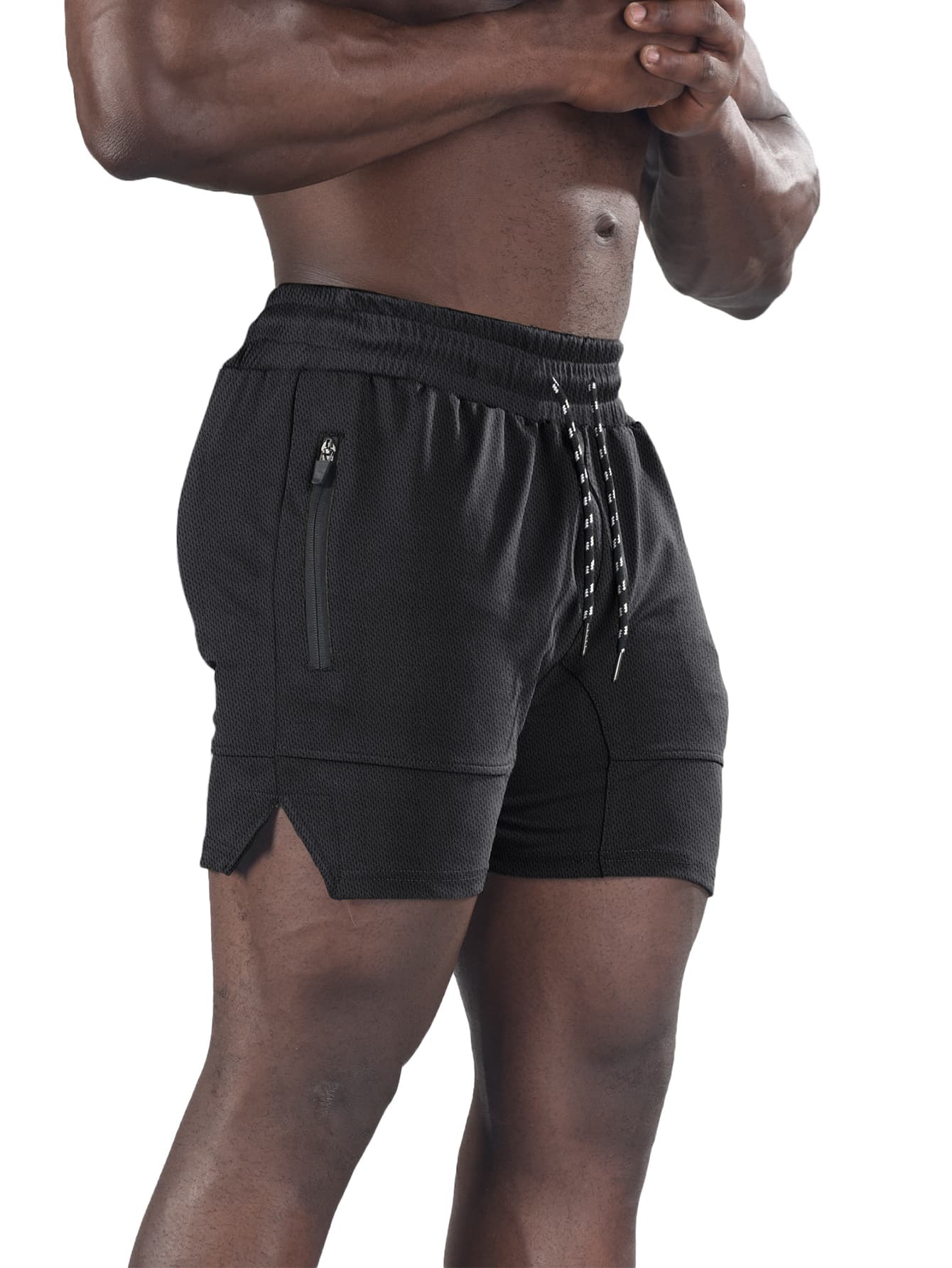 Manfinity Sport Corelite Men Zip Pocket Split Hem Drawstring Waist Sports Shorts Gym Shorts - Black - View 1