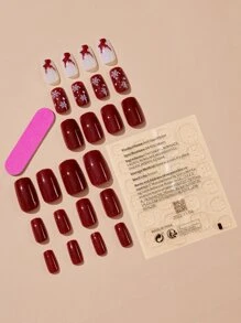 24pcs Long Square Christmas Elk Pattern Fake Nail & 1sheet Tape & 1pc Nail File - Red and White - View 2