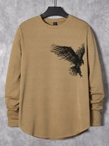 GENTILAND Men Eagle Print Curved Hem Tee - Camel - View 1