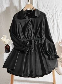 SHEIN Frenchy Đầm Xù Nút phía trước màu trơn Giải trí - màu đen - Xem 8