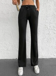 EURMUSE Solid Drawstring Waist Joggers - Black - View 1