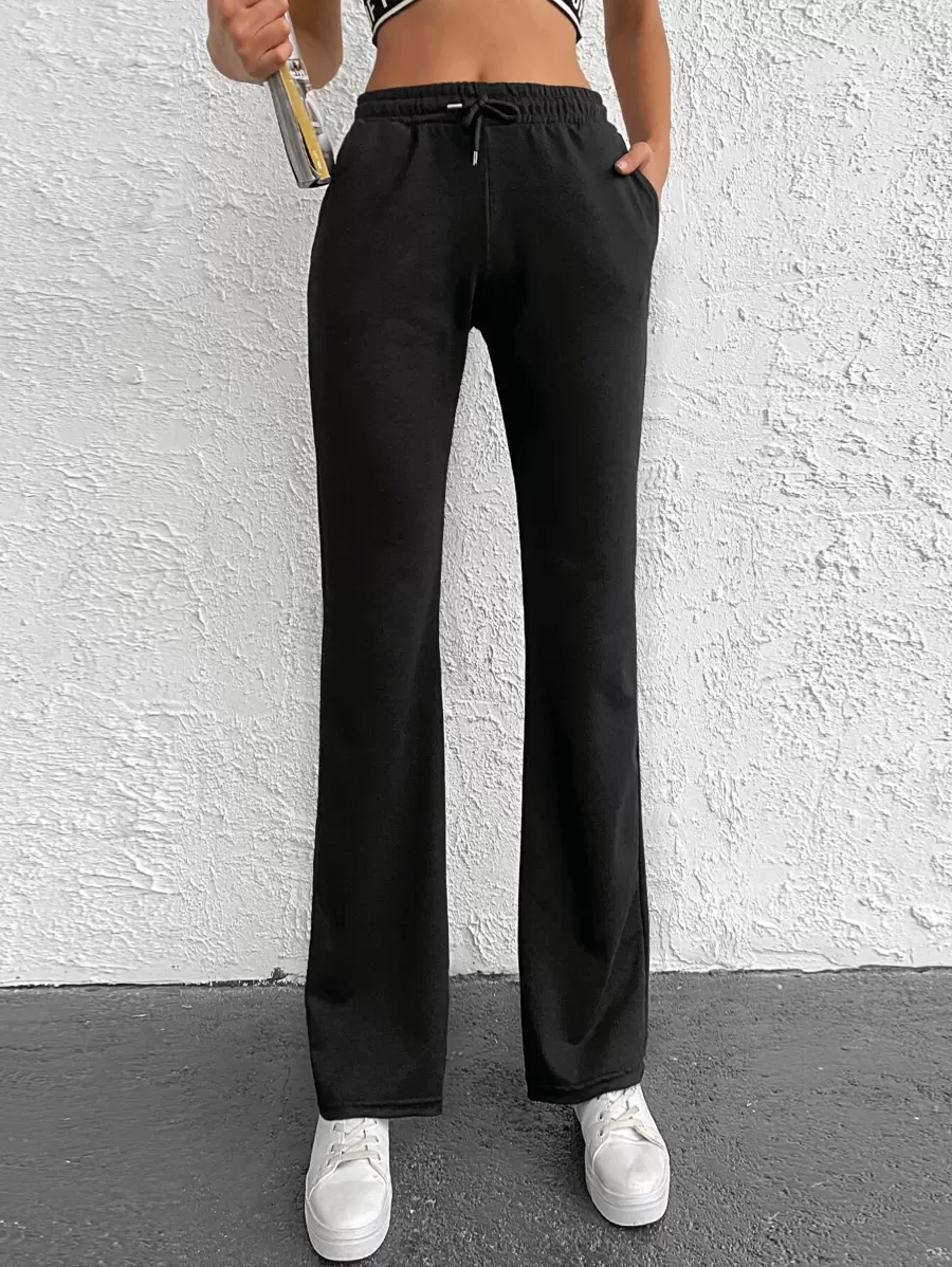 EURMUSE Solid Drawstring Waist Joggers - Black - View 1