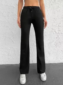 EURMUSE Solid Drawstring Waist Joggers - Black - View 3