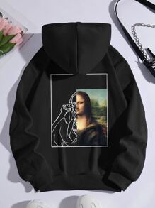 SHEIN EZwear Mona Lisa Print Kangaroo Pocket Drawstring Thermal Hoodie - Black - View 1