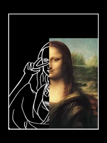 SHEIN EZwear Mona Lisa Print Kangaroo Pocket Drawstring Thermal Hoodie - Black - View 3