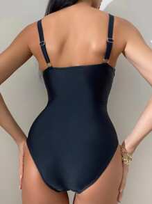 Phụ nữ một mảnh xoắn lại Tương phản Mesh màu trơn - màu đen - Xem 2