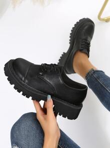 Lace-up Front Flatform Oxford Shoes - Black - View 1