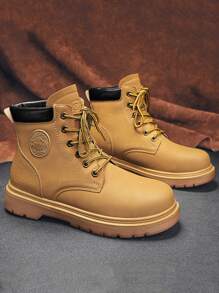 Men Patch Detail Lace-up Front Combat Boots - Ginger - View 1