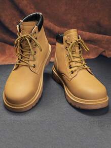 Men Patch Detail Lace-up Front Combat Boots - Ginger - View 2