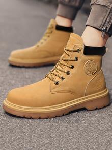 Men Patch Detail Lace-up Front Combat Boots - Ginger - View 3