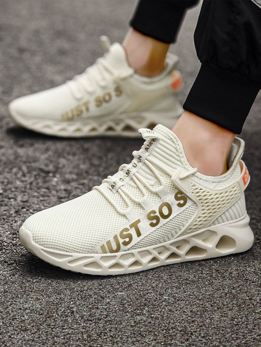 Men Letter Patch Decor Lace-up Front Running Shoes - Beige - View 1