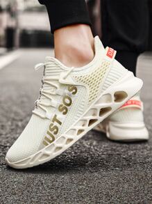 Men Letter Patch Decor Lace-up Front Running Shoes - Beige - View 3