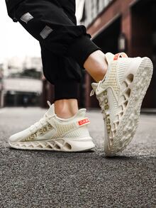 Men Letter Patch Decor Lace-up Front Running Shoes - Beige - View 5