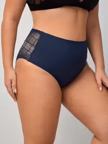 加大號對比蕾絲底褲內衣 - 藏蓝色 - 查看 4