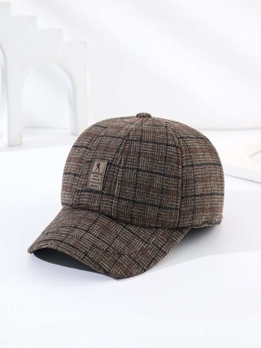 SHI YUN LAI 男士格紋圖案字母貼飾棒球帽 - 銅色 - 查看 1