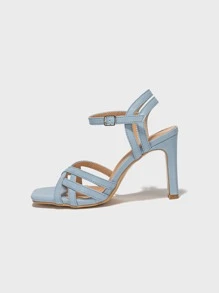 Chunky Heeled Ankle Strap Sandals - Baby Blue - View 3
