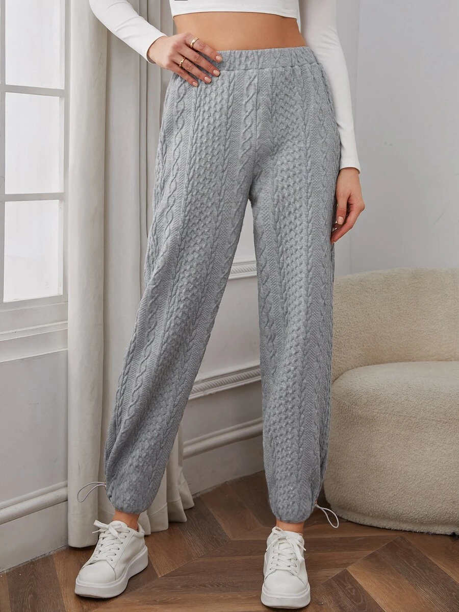 SHEIN EZwear Pantalones deportivos unicolor tejido de cable bajo con cordón - Gris - Ver 1