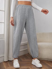 SHEIN EZwear Pantalones deportivos unicolor tejido de cable bajo con cordón - Gris - Ver 3