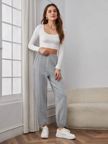 SHEIN EZwear Pantalones deportivos unicolor tejido de cable bajo con cordón - Gris - Ver 5