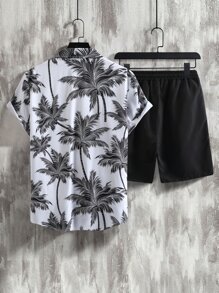 Manfinity RSRT Men Tropical Print Shirt & Drawstring Waist Shorts Without Tee, Cozy Outfits - Black and White - View 2