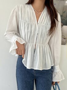 DAZY Blusa con volantes en las mangas, drapeado en la cintura, con volantes, prenda de otoño con manga larga - Blanco - Ver 4