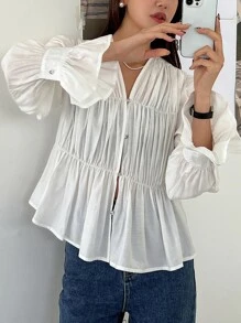 DAZY Blusa con volantes en las mangas, drapeado en la cintura, con volantes, prenda de otoño con manga larga - Blanco - Ver 3