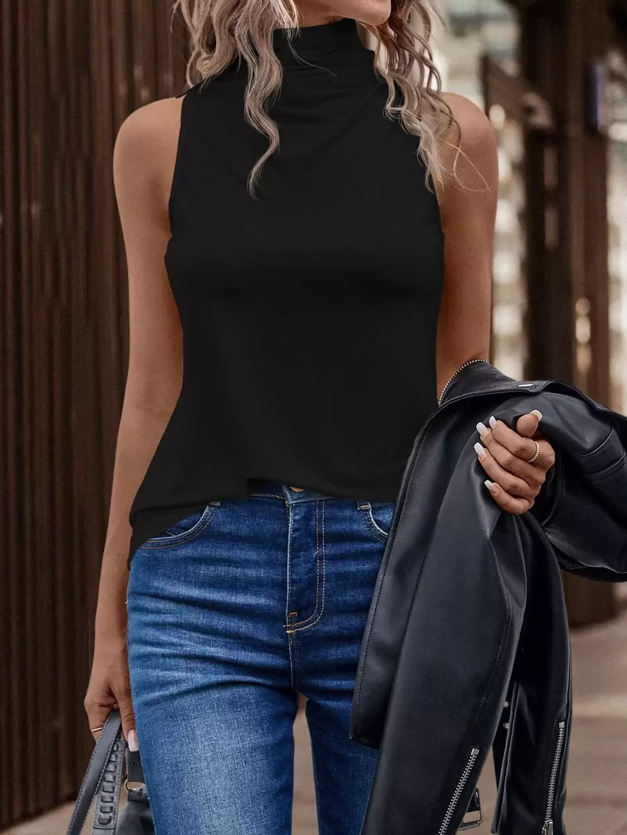 Chiquease Solid High Neck Tank Top - Black - View 1