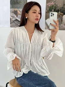 DAZY Blusa con volantes en las mangas, drapeado en la cintura, con volantes, prenda de otoño con manga larga - Blanco - Ver 1