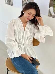 DAZY Blusa con volantes en las mangas, drapeado en la cintura, con volantes, prenda de otoño con manga larga - Blanco - Ver 5