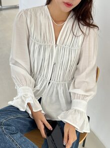 DAZY Blusa con volantes en las mangas, drapeado en la cintura, con volantes, prenda de otoño con manga larga - Blanco - Ver 7