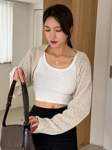 DAZY Solid Open Front Crop Cardigan - Apricot - View 4