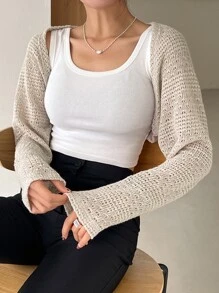 DAZY Solid Open Front Crop Cardigan - Apricot - View 6