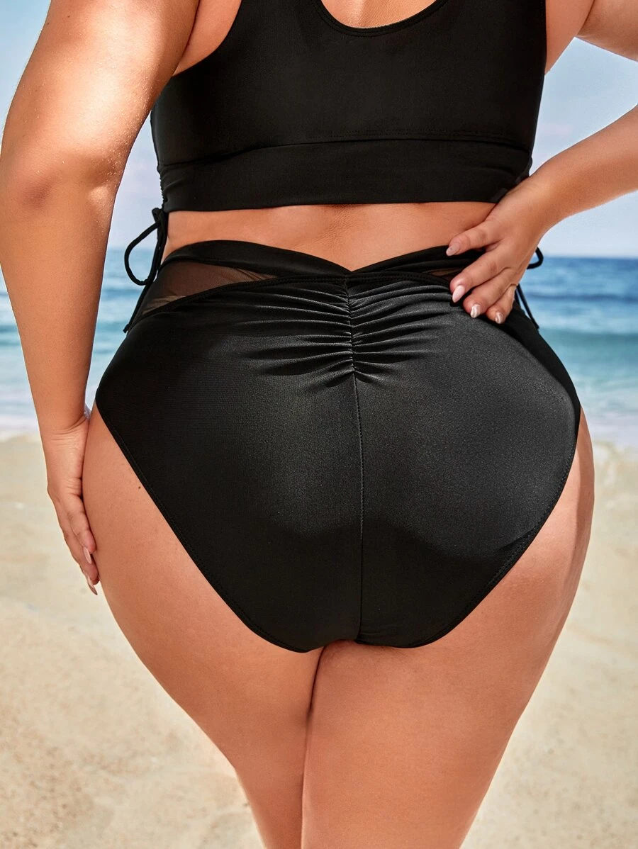 Bottom de bikini de talla grande de verano con espalda fruncida y malla de contraste - Negro - Ver 1