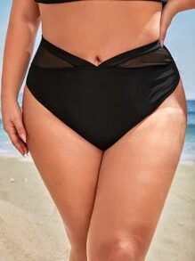 Bottom de bikini de talla grande de verano con espalda fruncida y malla de contraste - Negro - Ver 2