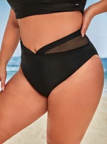 Bottom de bikini de talla grande de verano con espalda fruncida y malla de contraste - Negro - Ver 3